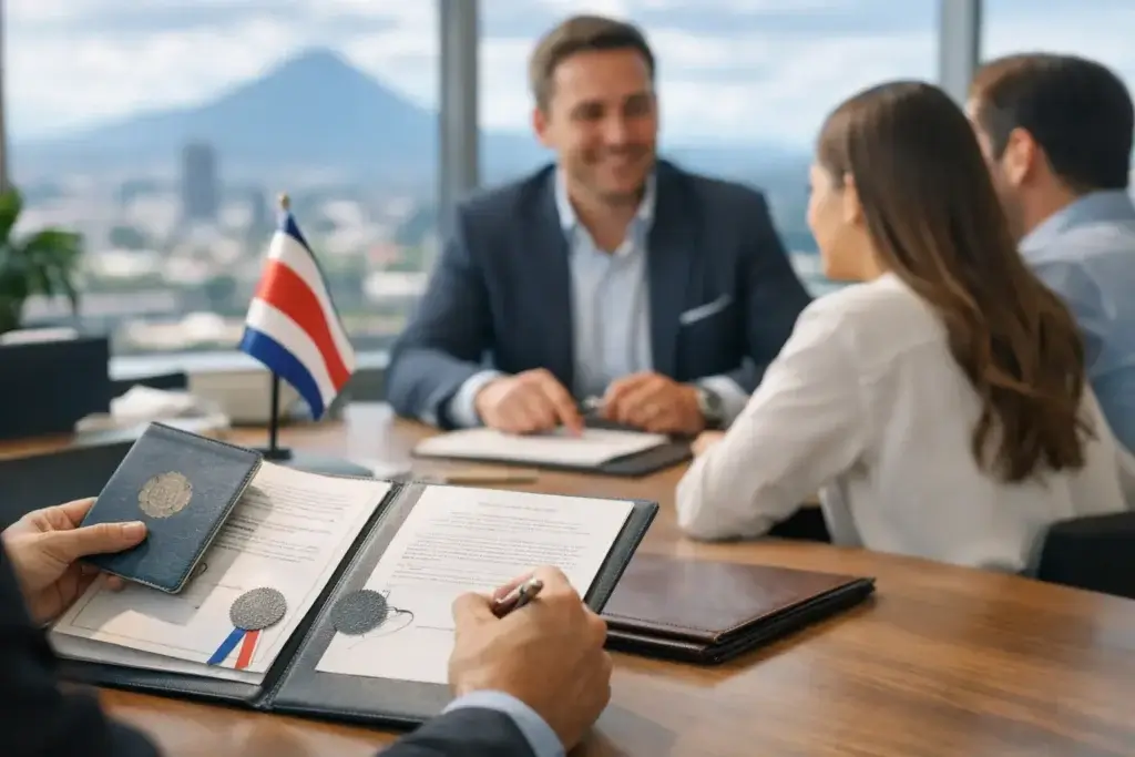 Abogado y clientes realizando proceso de certificar documentos en Costa Rica para uso internacional