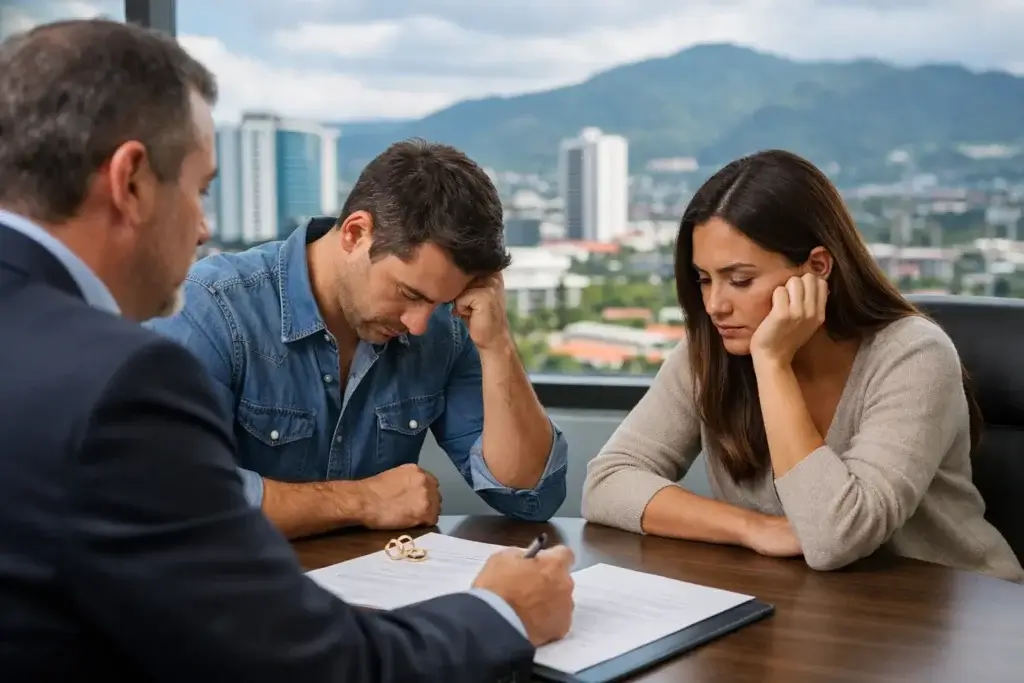 Pareja consultando con abogado de familia sobre trámite de divorcio en Costa Rica en oficina legal de Escazú.
