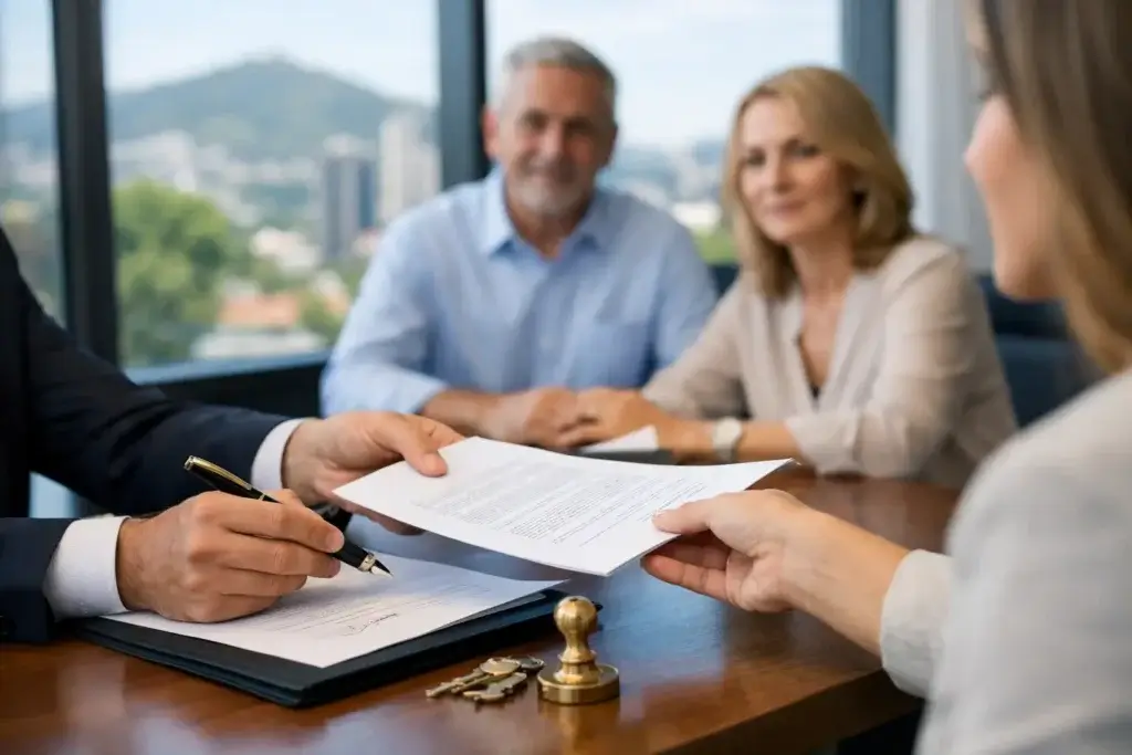 Cliente firmando y entregando un poder notarial para trámites legales en Costa Rica con asesoría de abogados y notarios en Escazú.